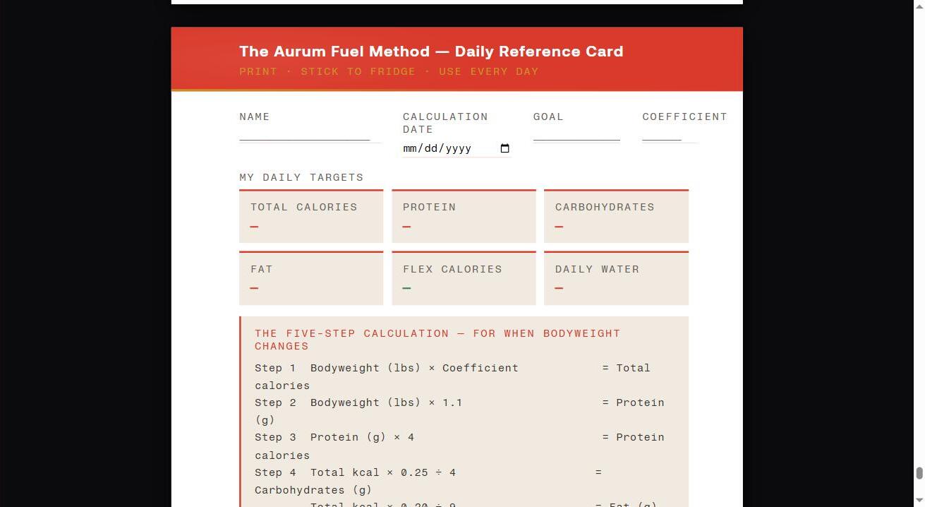 The printable Aurum Fuel Method Daily Reference Card, auto-populated with a sample set of five numbers