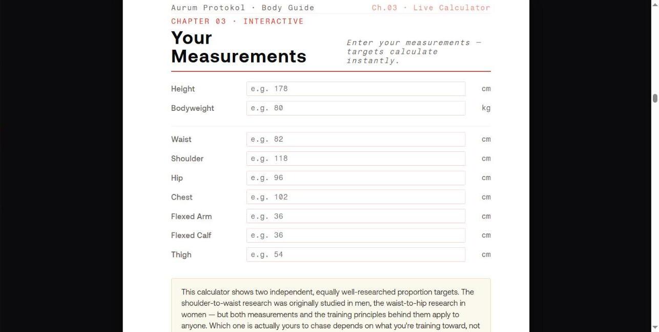 The Live Calculator: height, waist, shoulder, hip, chest, and arm measurement fields for the shoulder-to-waist and waist-to-hip ratios