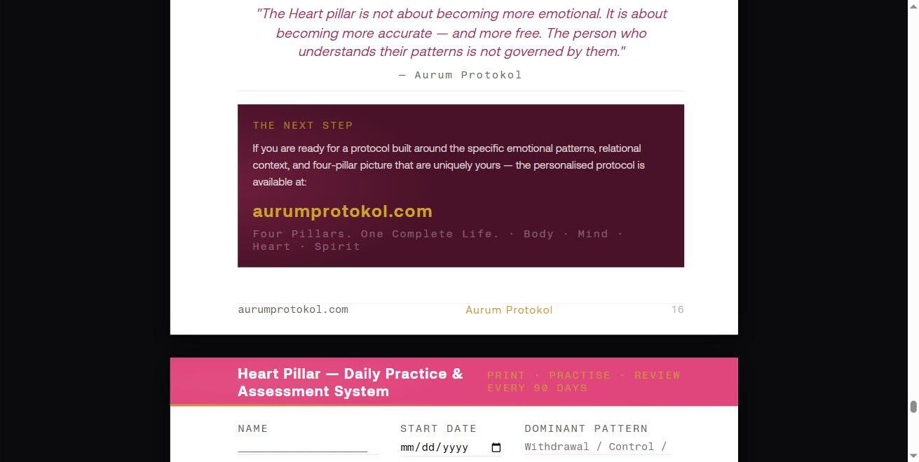 Heart Pillar Daily Practice and Assessment System: tracking sheet with dominant pattern field