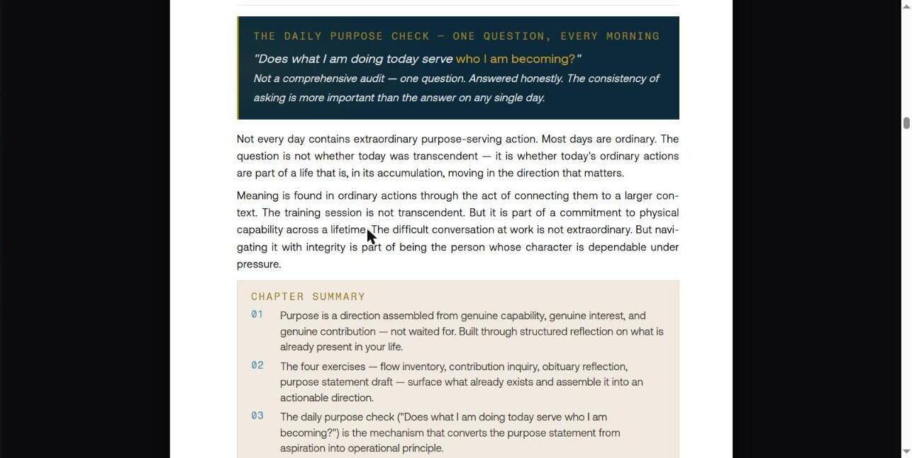 The Daily Purpose Check callout: does what I am doing today serve who I am becoming, plus the chapter summary